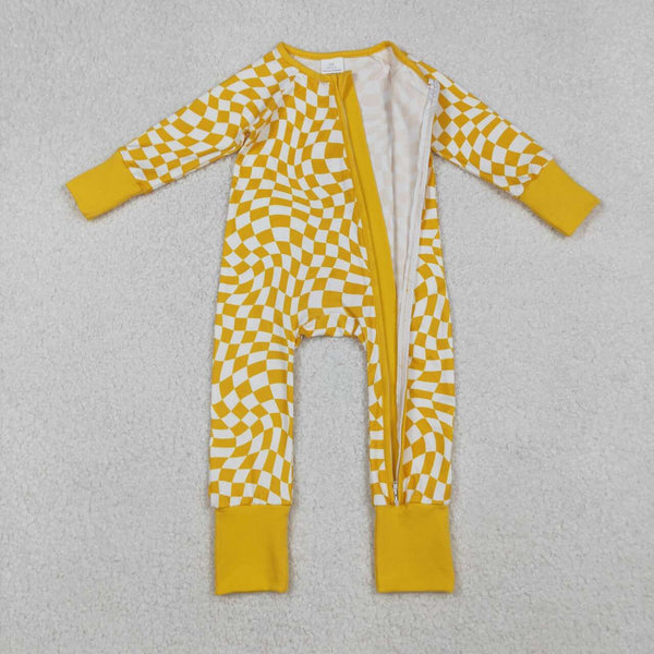 LR1089 RTS baby girl clothes yellow plaid halloween romper zip romper