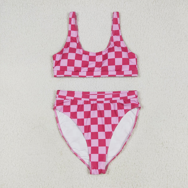 S0559 RTS women clothes pink plaid adult leopard swim suit 2pcs outfit