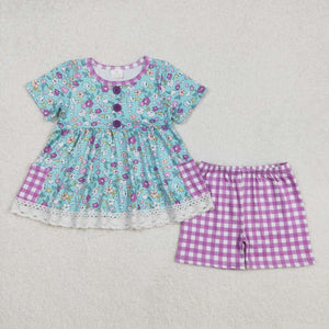 GSSO2011 RTS girl clothes floral purple plaid girl summer outfit