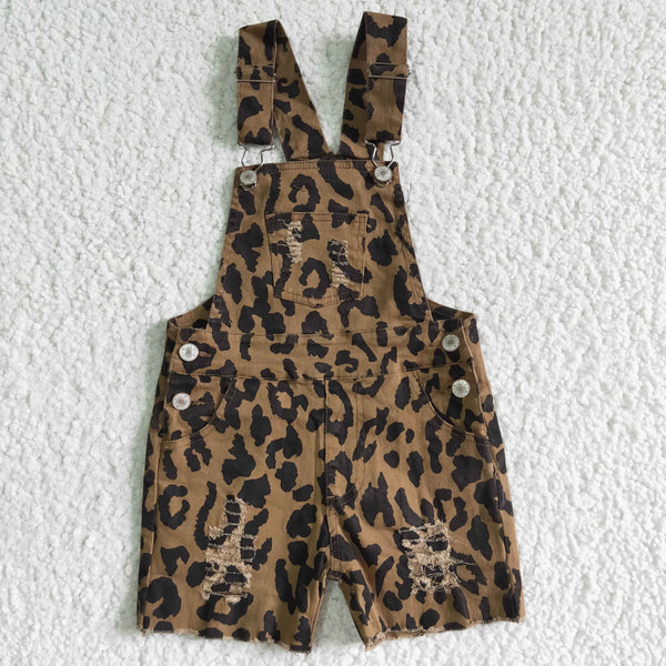 High Quality Leopard Denim Shorts Girls Summer Overalls