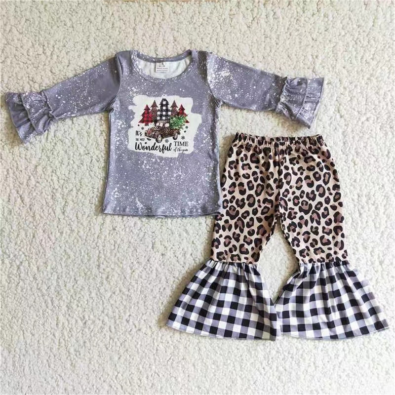 girl grey plaid leopard christmas winter long sleeve set