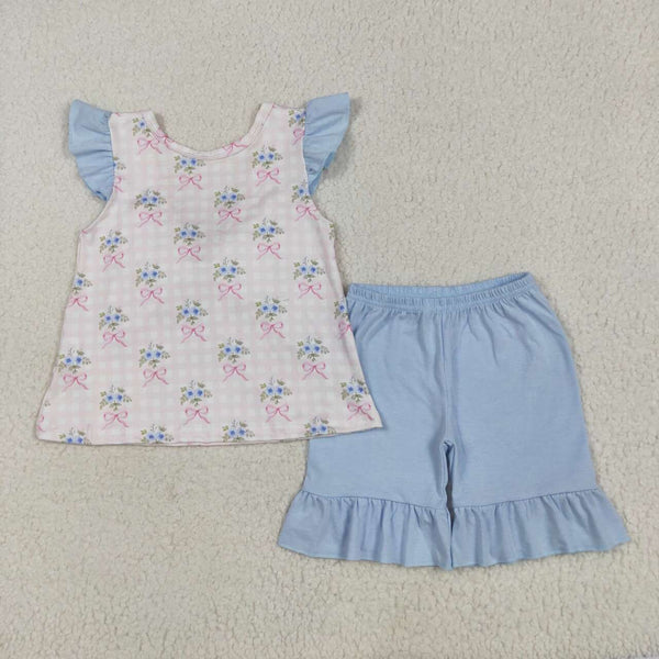 GSSO1577 RTS girl clothes bow blue floral toddler girl summer outfits
