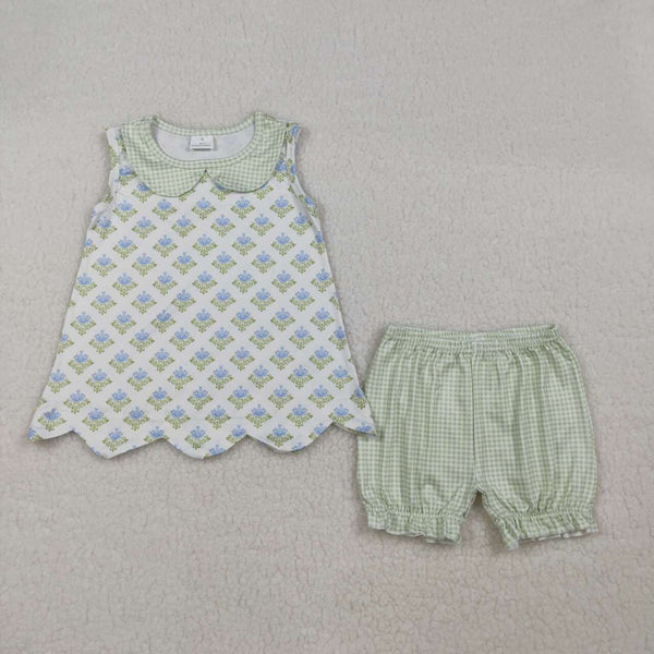 GSSO2850 3-6M to 6-7T RTS baby girl clothes green floral print toddler girl summer outfit