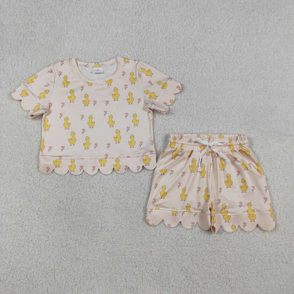 GSSO3281 RTS kids clothes yellow duck scalloped summer shorts set girl summer outfit  clothing set