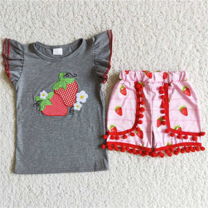 D8-27 baby girl clothes girl summer shorts set toddler strawberry outfit  grey embroidery summer set