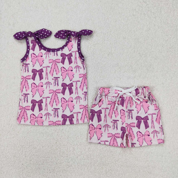 GSSO2207 RTS girl clothes purple bows girl summer set summer shorts set