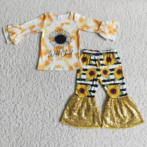 6 A10-13 girl sunflower yellow sequin wild child winter long sleeve set--promotion 2024.9.21 $2.99