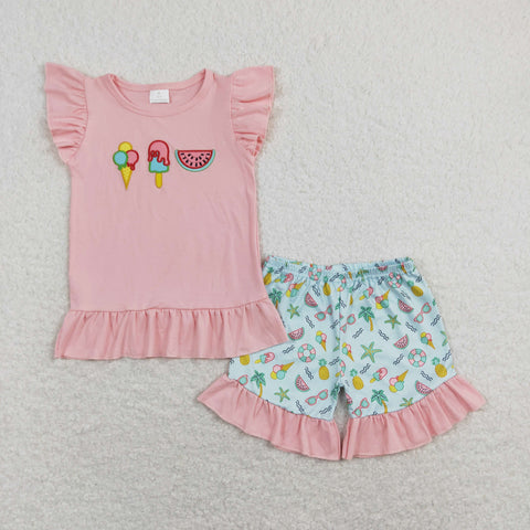 GSSO0509 baby girl clothes girl watermelon ice cream embroidery toddler summer outfits