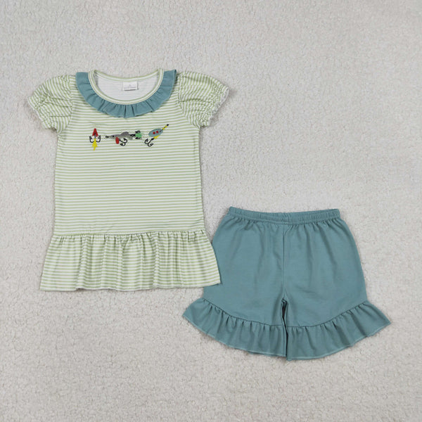 GSSO2792 RTS toddler girl clothes fishing girl summer shorts set embroidery