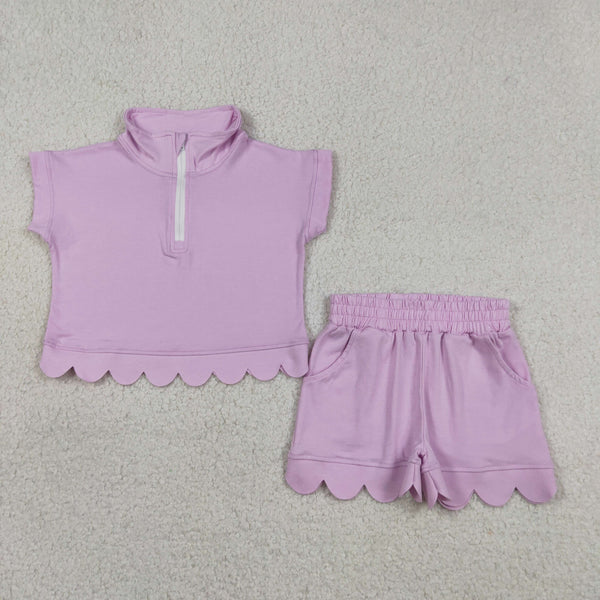 GSSO3378 RTS kids clothes pink cotton color girl summer outfit  clothing set  scalloped shorts Set