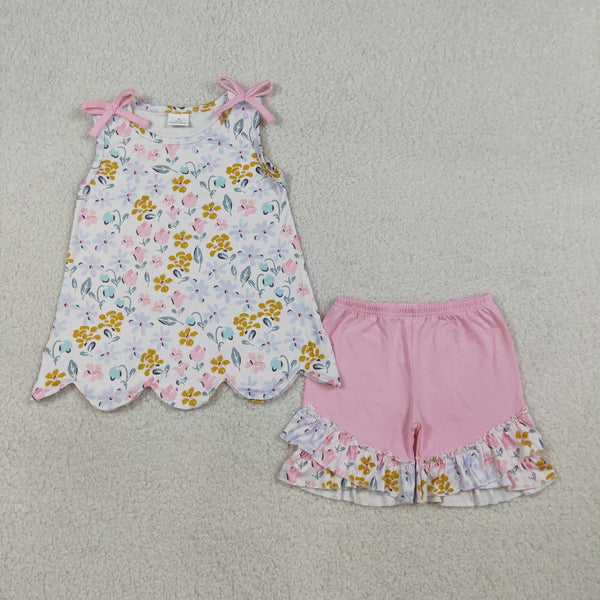 GSSO3392 RTS kids clothes flower print girl summer outfit  clothing set summer shorts set