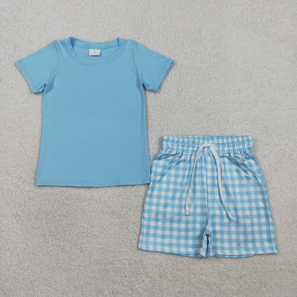 BSSO1883 RTS kids clothes  blue gingham print boy summer outfit  clothing set summer shorts set