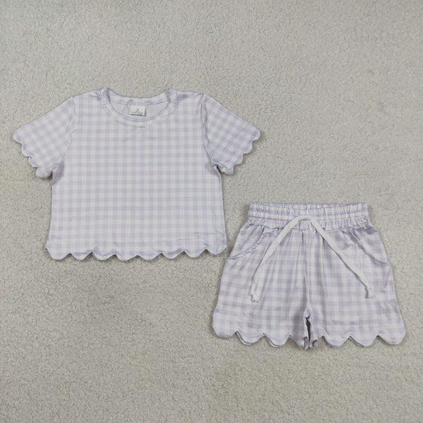 GSSO3181 RTS kids clothes purple gingham print girl summer clothing set summer shorts set