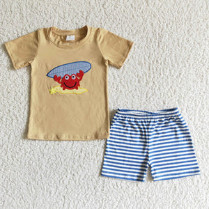 BSSO0003 boy clothes crab emboridery summer set-promotion 2024.5.25 $5.5