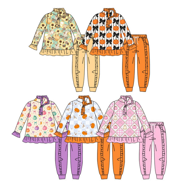 MOQ:5 pcs pre-order Each Style Fall Halloween Pumpkin Print Ruffles Kids Zipper Pullover Girls Set-2026.8.28