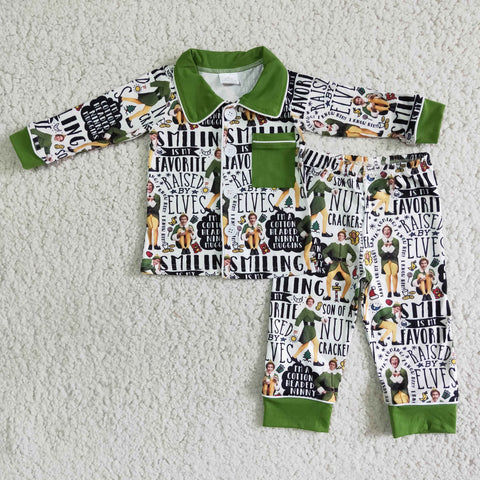 boy green winter long sleeve pocket pajamas set