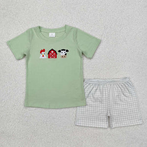 BSSO1067 RTS boy clothing boy summer outfit farm embroidery embroideried boy set