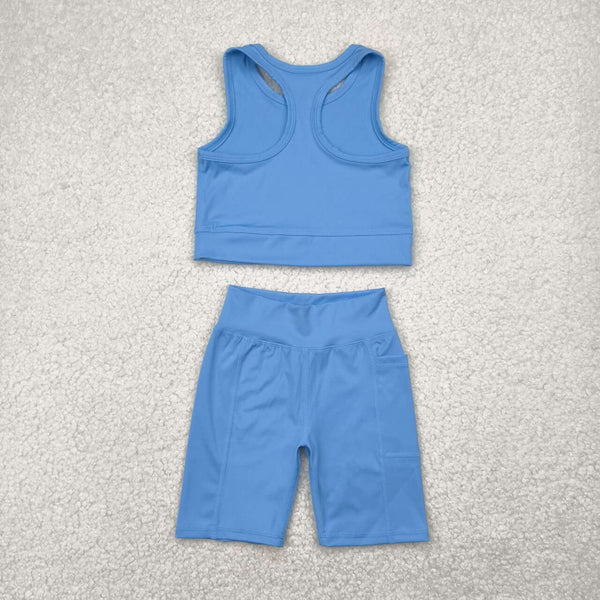 GSSO1515 RTS girl clothes set blue toddler girl yoga summer outfit sports set