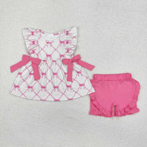 GSSO1620 RTS toddler girl clothes bow grandmillennial  girl summer shorts set