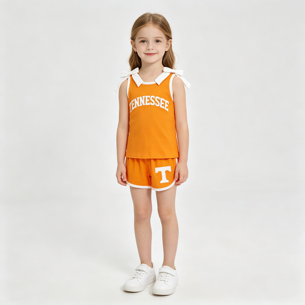 RTS GSSO3829 kids girl clothes cotton orange summer bows shorts set 2
