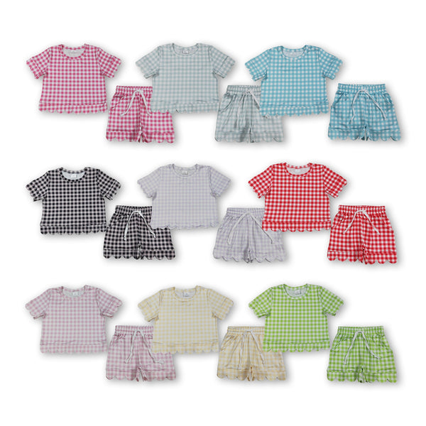 RTS Matching  toddler clothes solid color gingham scallop  print set girls summer clothing-2026.4.2