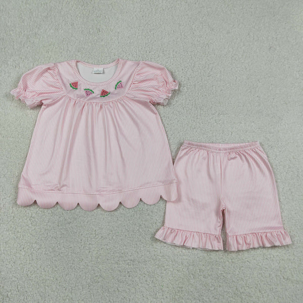 RTS GSSO3239 kids clothes watermelon embroidery girl summer clothing set summer shorts set