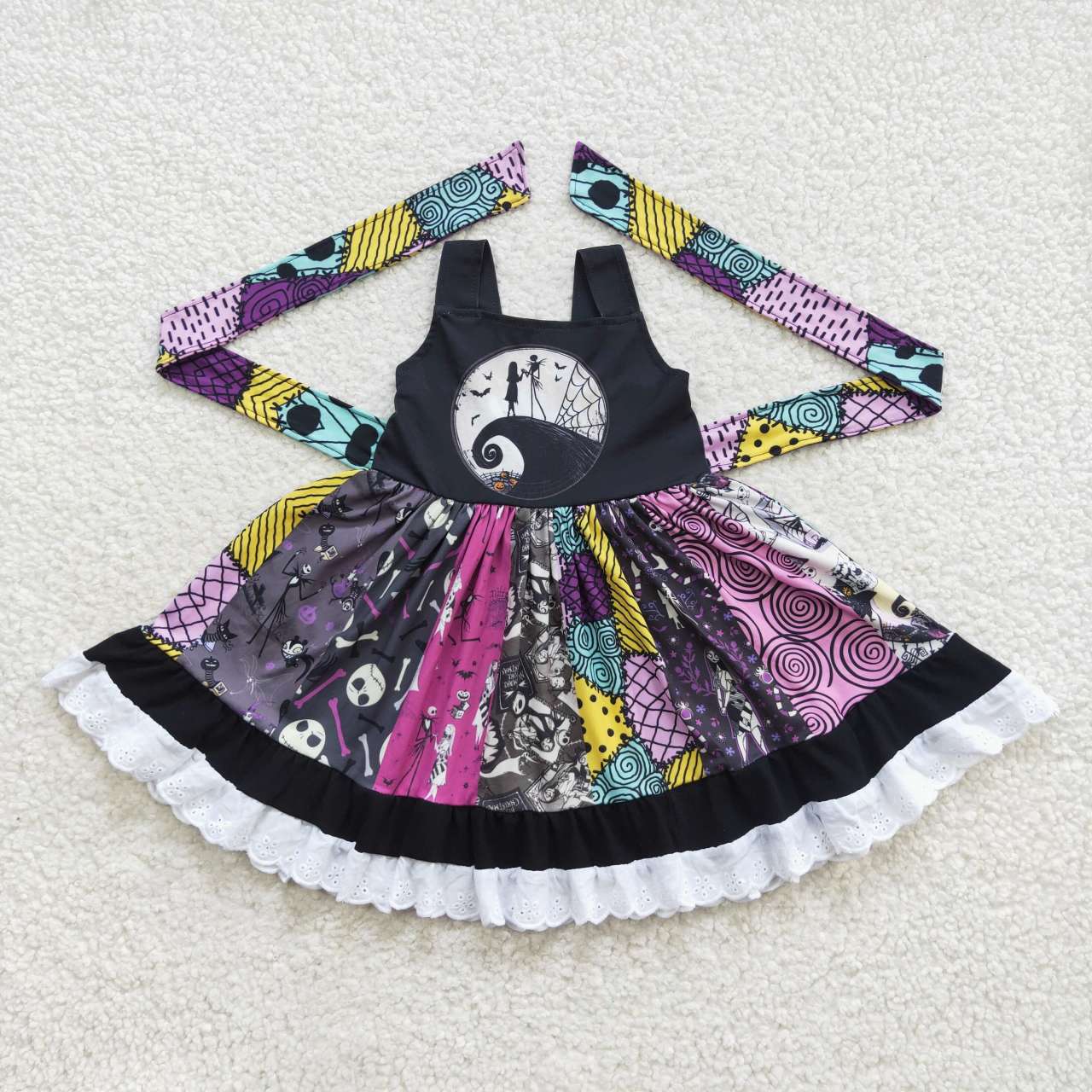 A8-14 girls halloween clothes black matching twirl dress