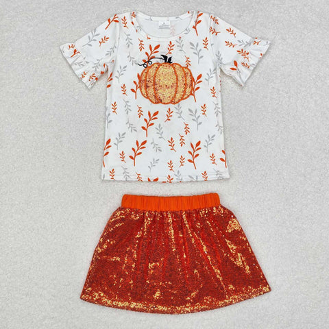 GSD1437 RTS baby girl clothes sequin pumpkin toddler girl thanksgiving outfit halloween skirt set