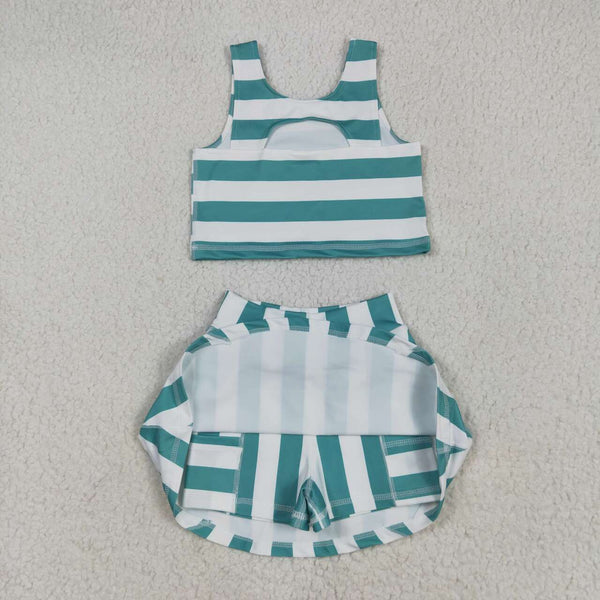 GSD2432 RTS girl clothes green stripes girl summer set yoga clothes atheletic clothes