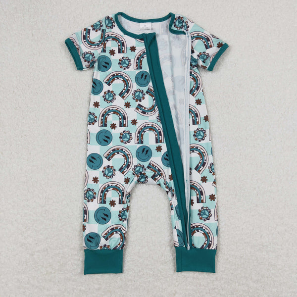 SR1021 RTS baby girl clothes smiling turquoise girl zipper summer romper