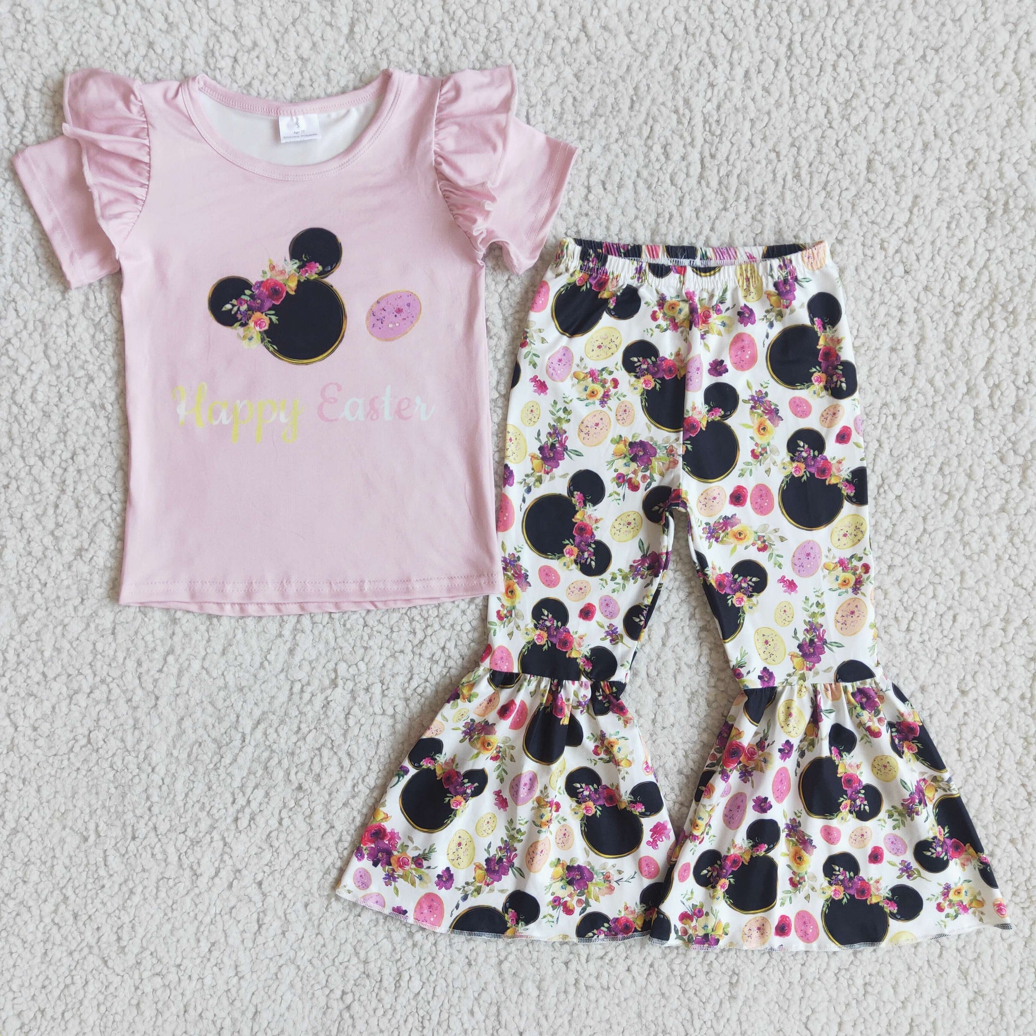 D7-3 girl pink cartoon short sleeve spring fall happy easter set--promotion 2025.3.15 $2.99