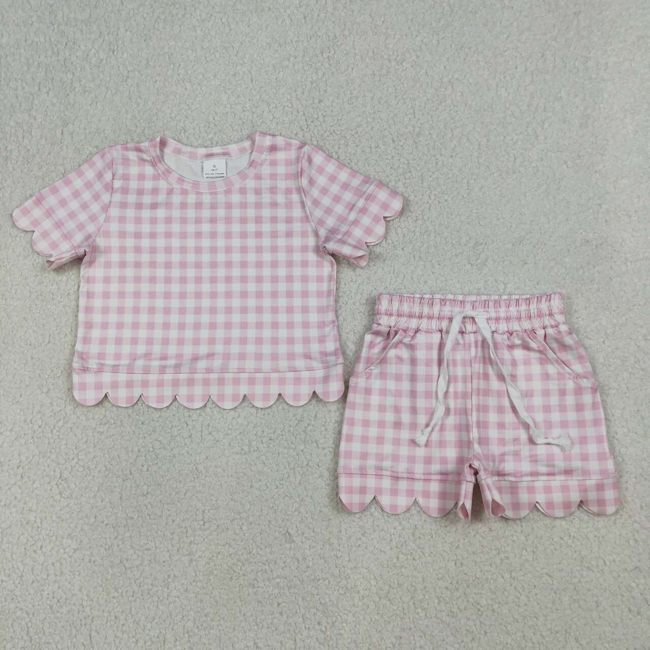 GSSO3183 RTS kids clothes pink gingham scalloped summer shorts set gir ...