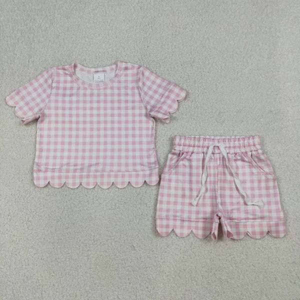 GSSO3183 RTS kids clothes pink gingham scalloped summer shorts set girl summer clothing set