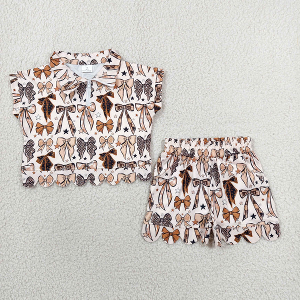 GSSO3696 RTS kids clothes leopard bows girl summer outfit  clothing set scalloped shorts set