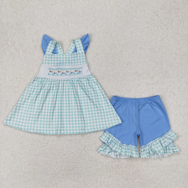 GSSO2148 RTS girl clothes fish girl summer set embroidery summer shorts set