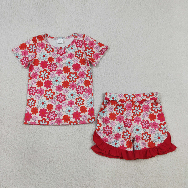 GSSO3471 RTS kids clothes flower print girl summer outfit clothing set summer shorts set
