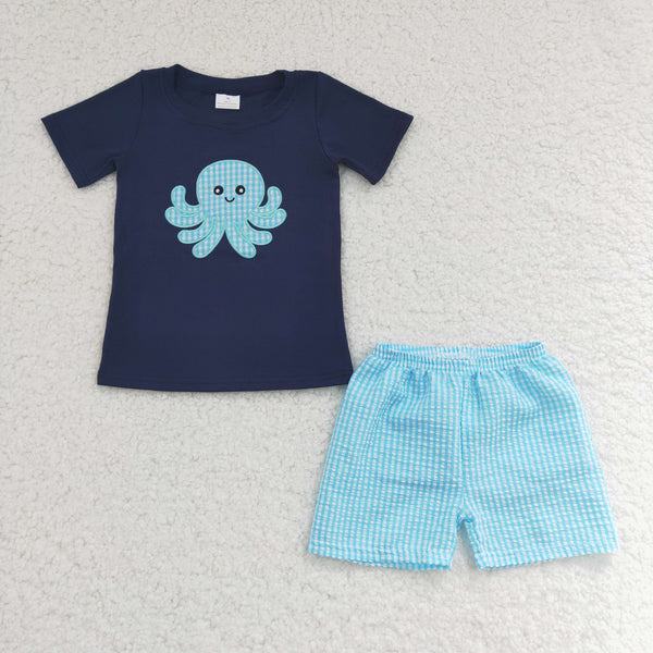 BSSO0088 baby boy clothes octopus embroidery outfits  summer clothing