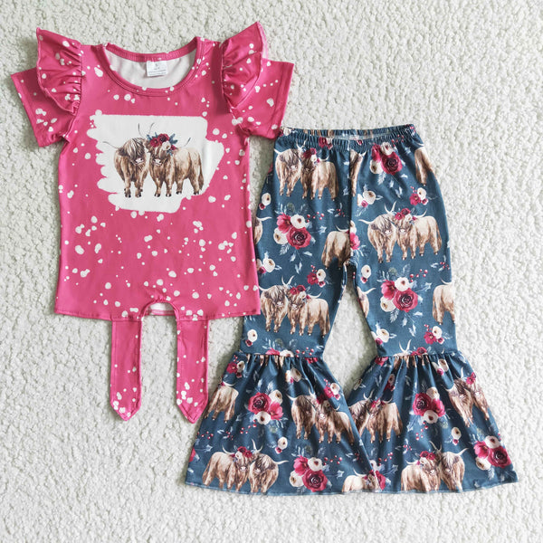 GSPO0090 kids clothes girls boutique cow hot pink bell bottom boutique clothing set