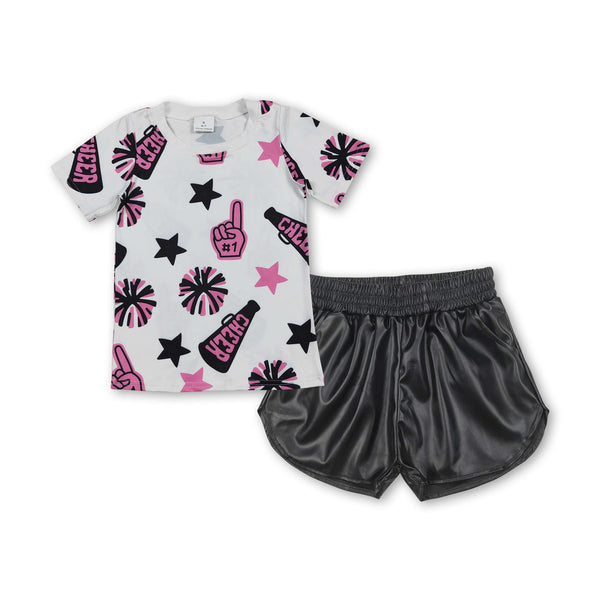 RTS girl clothes girl summer set  colorful cheer girl summer leather shorts set