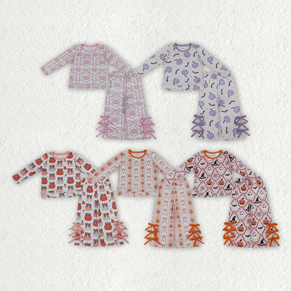 RTS Matching clothing girls Halloween pumpkin & ghost mixed print toddler girl long sleeve flare pants outfit-2026.10.7