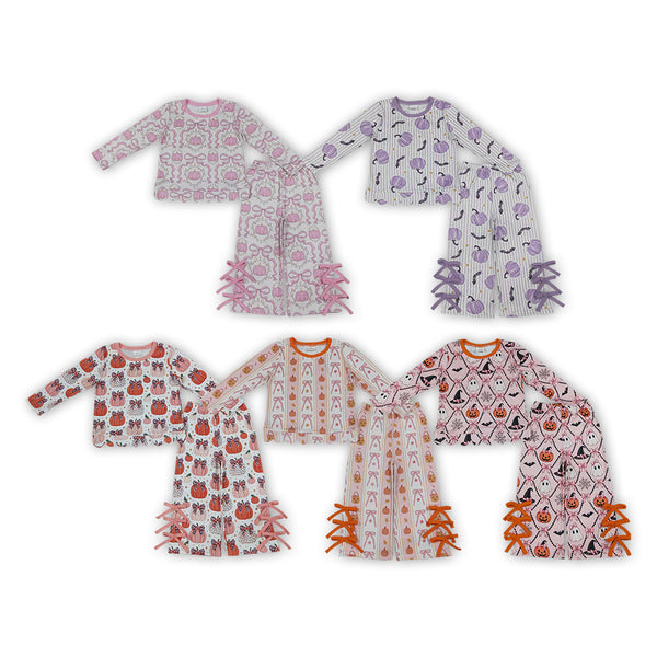 RTS Matching clothing girls Halloween pumpkin & ghost mixed print toddler girl long sleeve flare pants outfit-2026.10.7