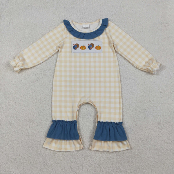 LR2438 RTS baby girl clothes turkey pumpkin girl thanksgiving winter embroidery romper