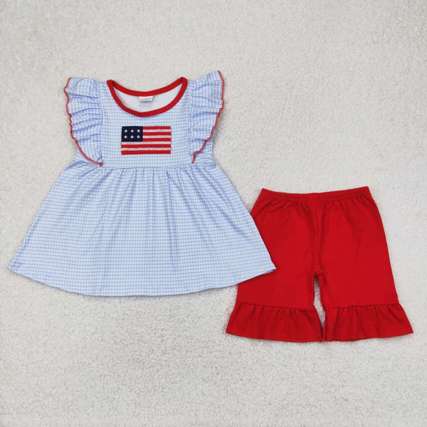 GSSO2238 RTS girl clothes flag girl 4th of July Patriotic summer set-embroidery