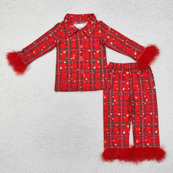 GLP0956 RTS baby girl clothes girl plaid winter pajamas set fur christmas pajamas set