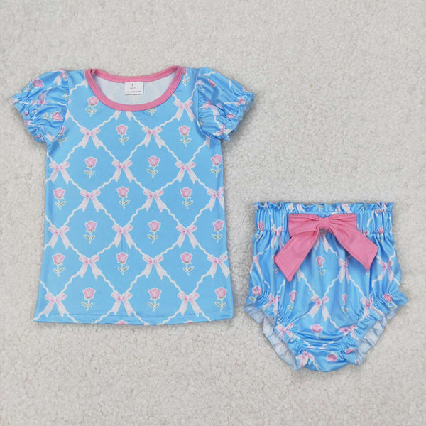 GBO0461 RTS girl clothes blue floral girl summer bummies set