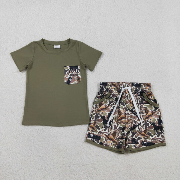 BSSO1847 RTS kids clothes green mallard pockets boy summer outfit  clothing set