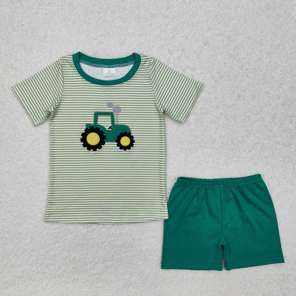 BSSO1184 RTS baby boy clothes green truck toddler boy summer outfit embroidery