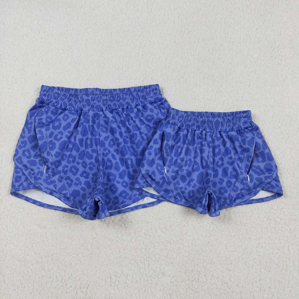 RTS Mummy and me matching blue leopard print adult women summer yoga shorts atheletic clothes