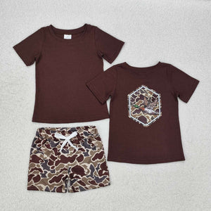 BSSO1061 RTS boy clothes brown summer outfit boy summer shorts set vinyl pattern