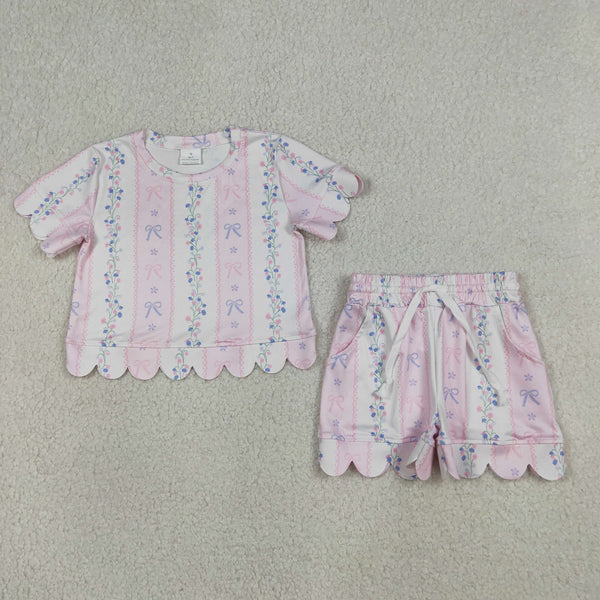 GSSO3410 RTS kids clothes bows scalloped girl summer outfit  clothing set summer shorts set